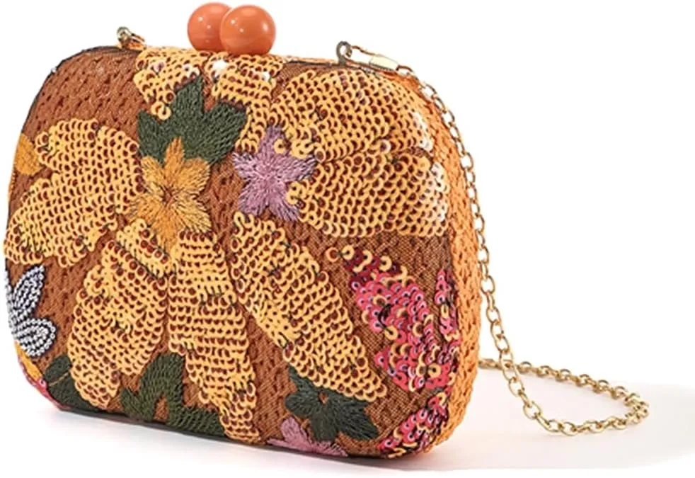 Women Elegant Floral Embroidery Clutch Purse Flower Sequin Purse Formal Evening Handbag for Wedding Party Prom
