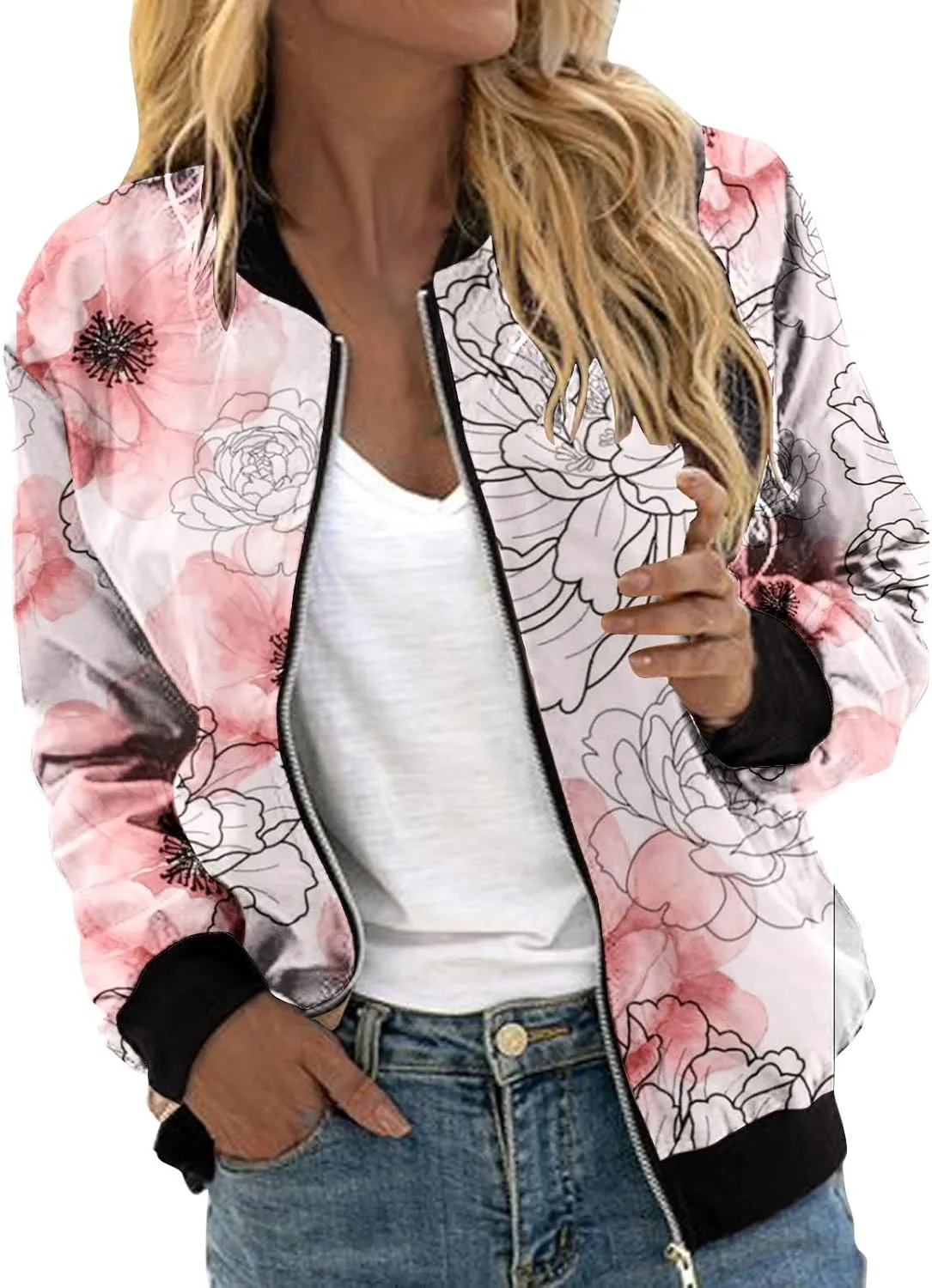 Women Fall Trendy Bomber Jacket Stand Collar Zip Up Windproof Floral Outerwears Long Sleeve Loose Casual Y2K Outwears