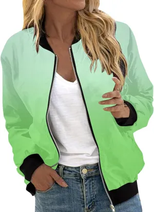 Women Fall Trendy Bomber Jacket Stand Collar Zip Up Windproof Floral Outerwears Long Sleeve Loose Casual Y2K Outwears