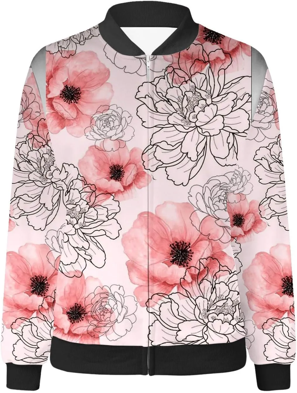 Women Fall Trendy Bomber Jacket Stand Collar Zip Up Windproof Floral Outerwears Long Sleeve Loose Casual Y2K Outwears