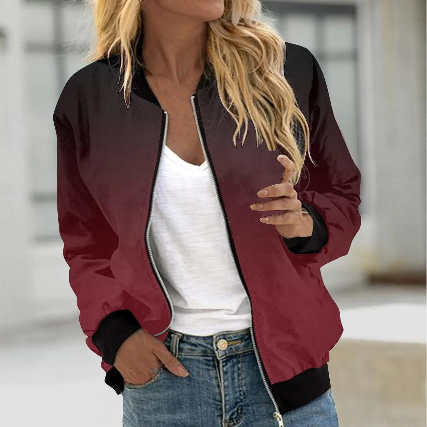 Women Fall Trendy Bomber Jacket Stand Collar Zip Up Windproof Floral Outerwears Long Sleeve Loose Casual Y2K Outwears