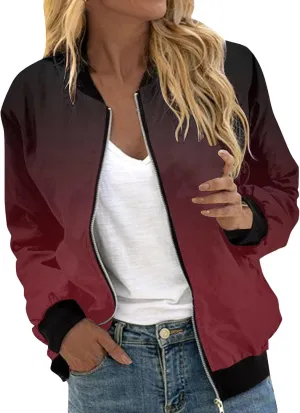 Women Fall Trendy Bomber Jacket Stand Collar Zip Up Windproof Floral Outerwears Long Sleeve Loose Casual Y2K Outwears