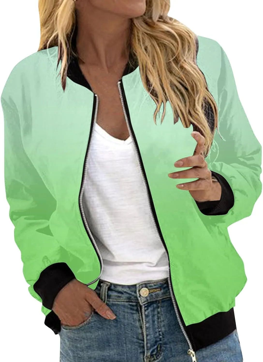 Women Fall Trendy Bomber Jacket Stand Collar Zip Up Windproof Floral Outerwears Long Sleeve Loose Casual Y2K Outwears