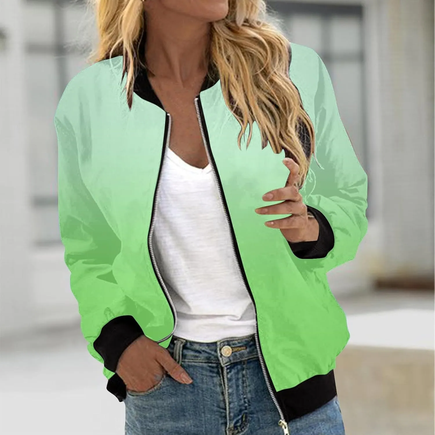 Women Fall Trendy Bomber Jacket Stand Collar Zip Up Windproof Floral Outerwears Long Sleeve Loose Casual Y2K Outwears