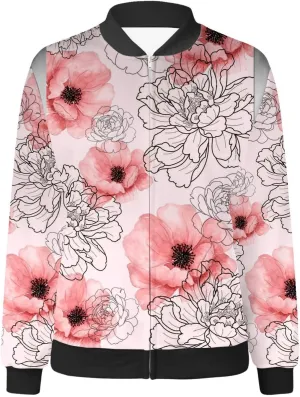 Women Fall Trendy Bomber Jacket Stand Collar Zip Up Windproof Floral Outerwears Long Sleeve Loose Casual Y2K Outwears