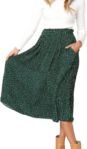 Women Fashionable Long Skirt Elastic Waist Flower and Dot Print Pleated Casual A-Line Skirt with Pocket Dress