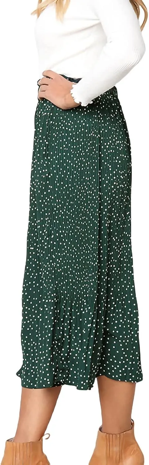 Women Fashionable Long Skirt Elastic Waist Flower and Dot Print Pleated Casual A-Line Skirt with Pocket Dress