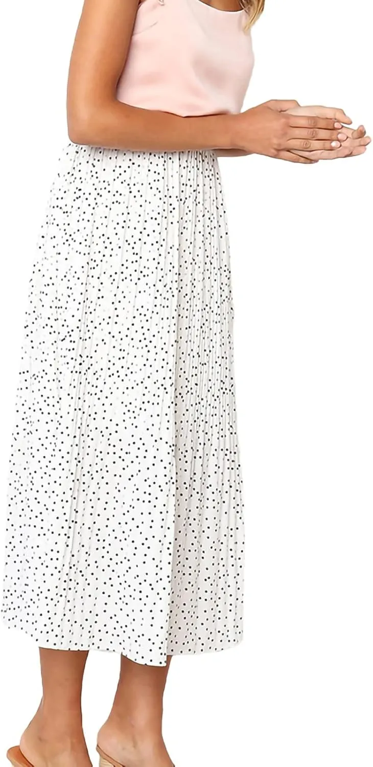 Women Fashionable Long Skirt Elastic Waist Flower and Dot Print Pleated Casual A-Line Skirt with Pocket Dress