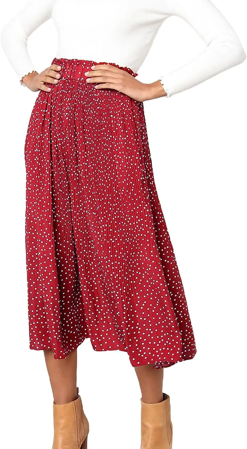 Women Fashionable Long Skirt Elastic Waist Flower and Dot Print Pleated Casual A-Line Skirt with Pocket Dress