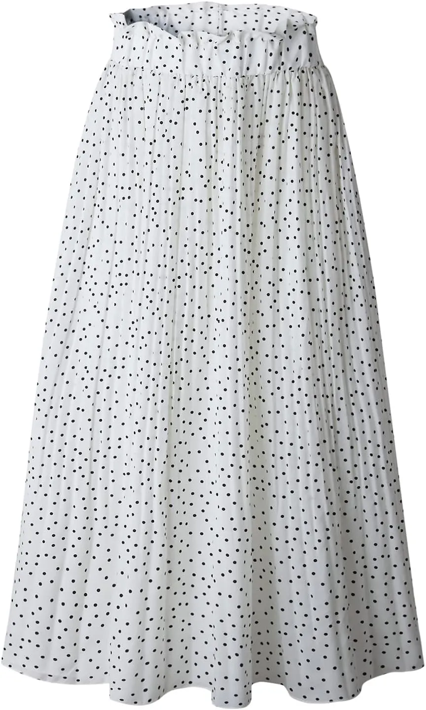Women Fashionable Long Skirt Elastic Waist Flower and Dot Print Pleated Casual A-Line Skirt with Pocket Dress