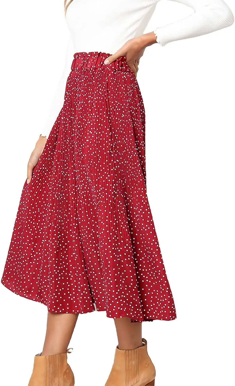 Women Fashionable Long Skirt Elastic Waist Flower and Dot Print Pleated Casual A-Line Skirt with Pocket Dress