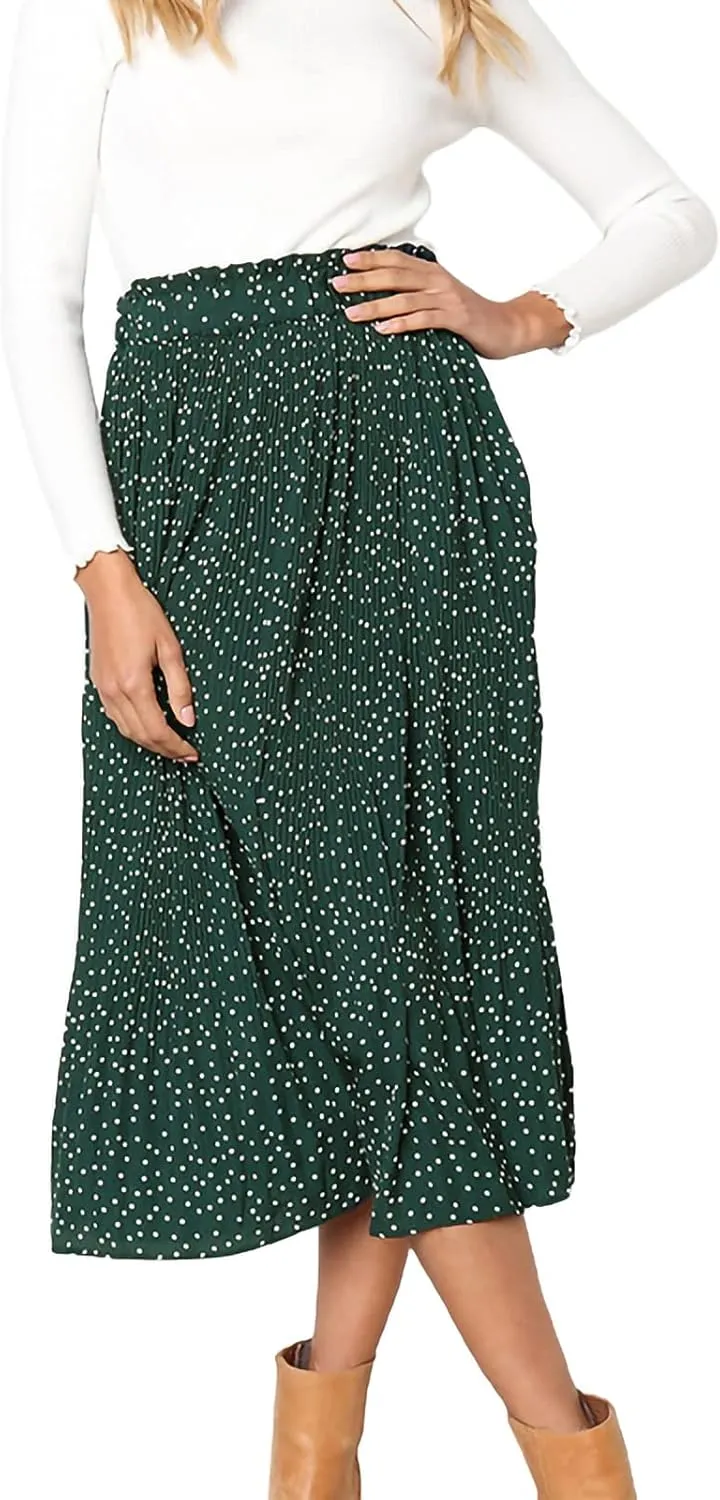 Women Fashionable Long Skirt Elastic Waist Flower and Dot Print Pleated Casual A-Line Skirt with Pocket Dress