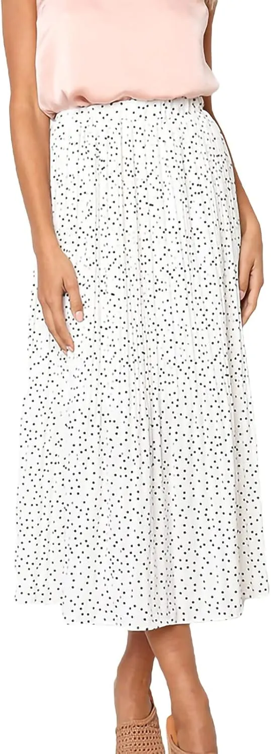 Women Fashionable Long Skirt Elastic Waist Flower and Dot Print Pleated Casual A-Line Skirt with Pocket Dress