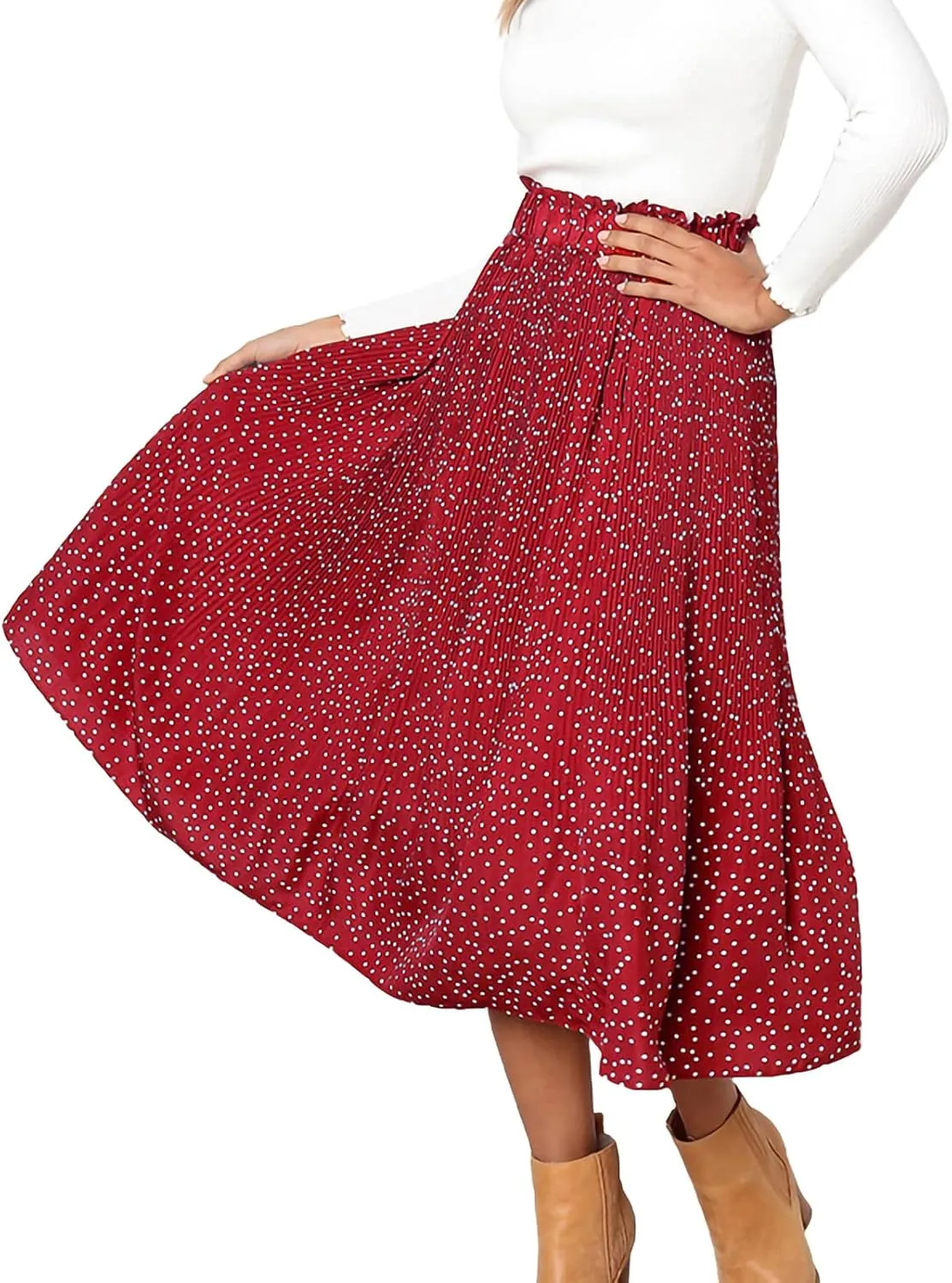 Women Fashionable Long Skirt Elastic Waist Flower and Dot Print Pleated Casual A-Line Skirt with Pocket Dress