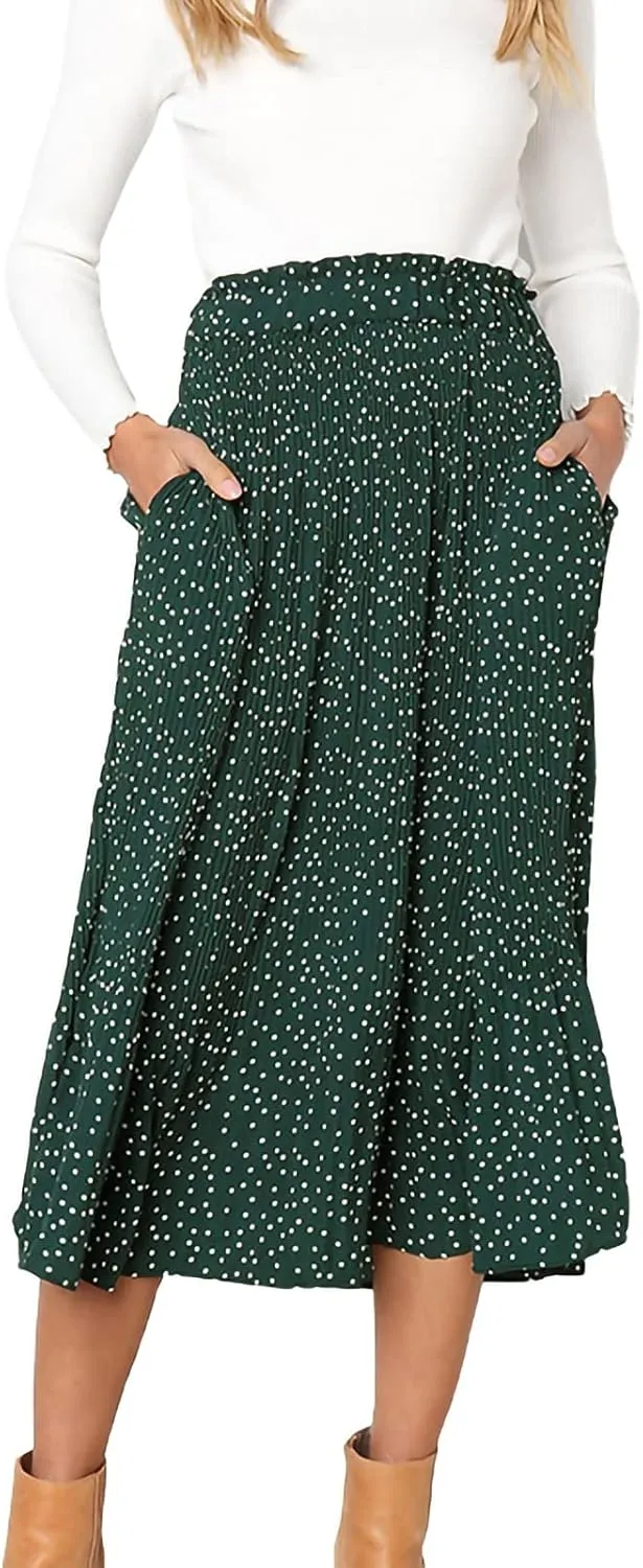 Women Fashionable Long Skirt Elastic Waist Flower and Dot Print Pleated Casual A-Line Skirt with Pocket Dress