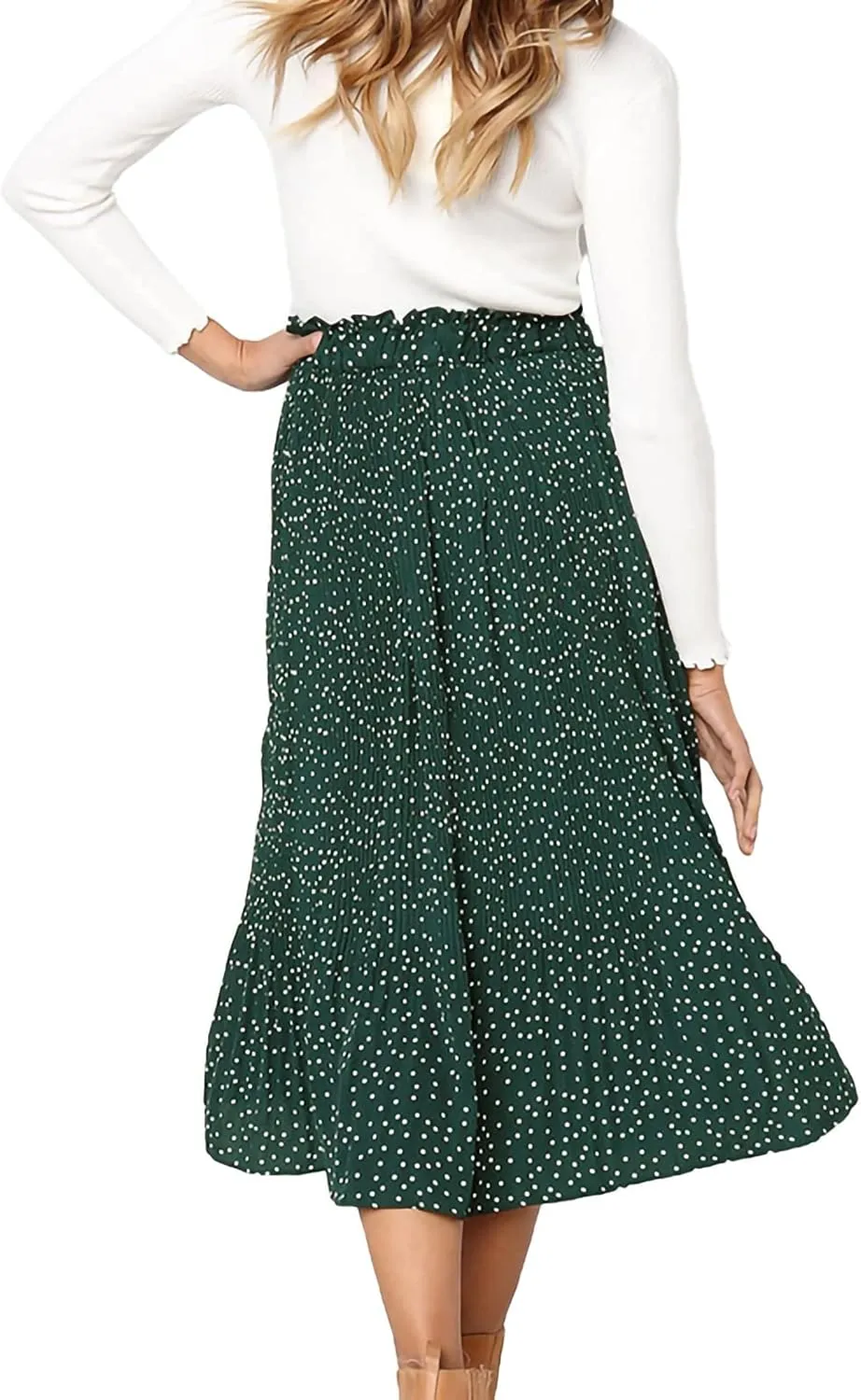Women Fashionable Long Skirt Elastic Waist Flower and Dot Print Pleated Casual A-Line Skirt with Pocket Dress
