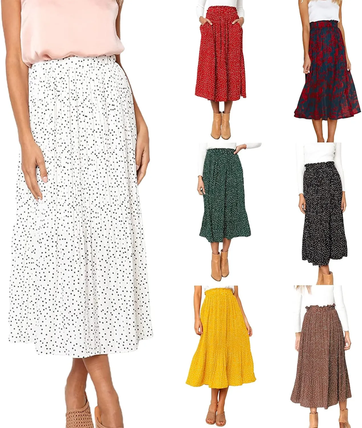 Women Fashionable Long Skirt Elastic Waist Flower and Dot Print Pleated Casual A-Line Skirt with Pocket Dress