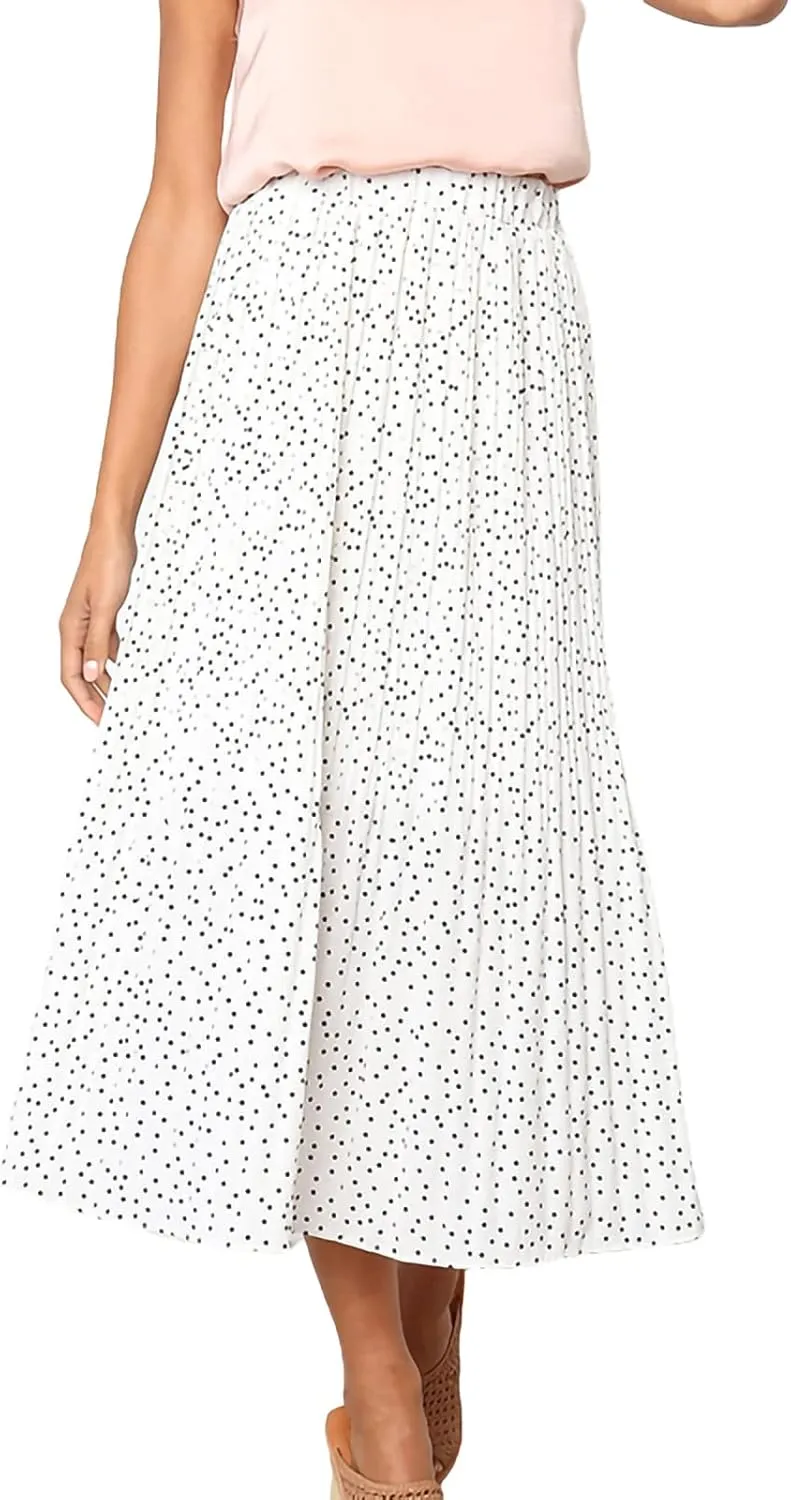 Women Fashionable Long Skirt Elastic Waist Flower and Dot Print Pleated Casual A-Line Skirt with Pocket Dress