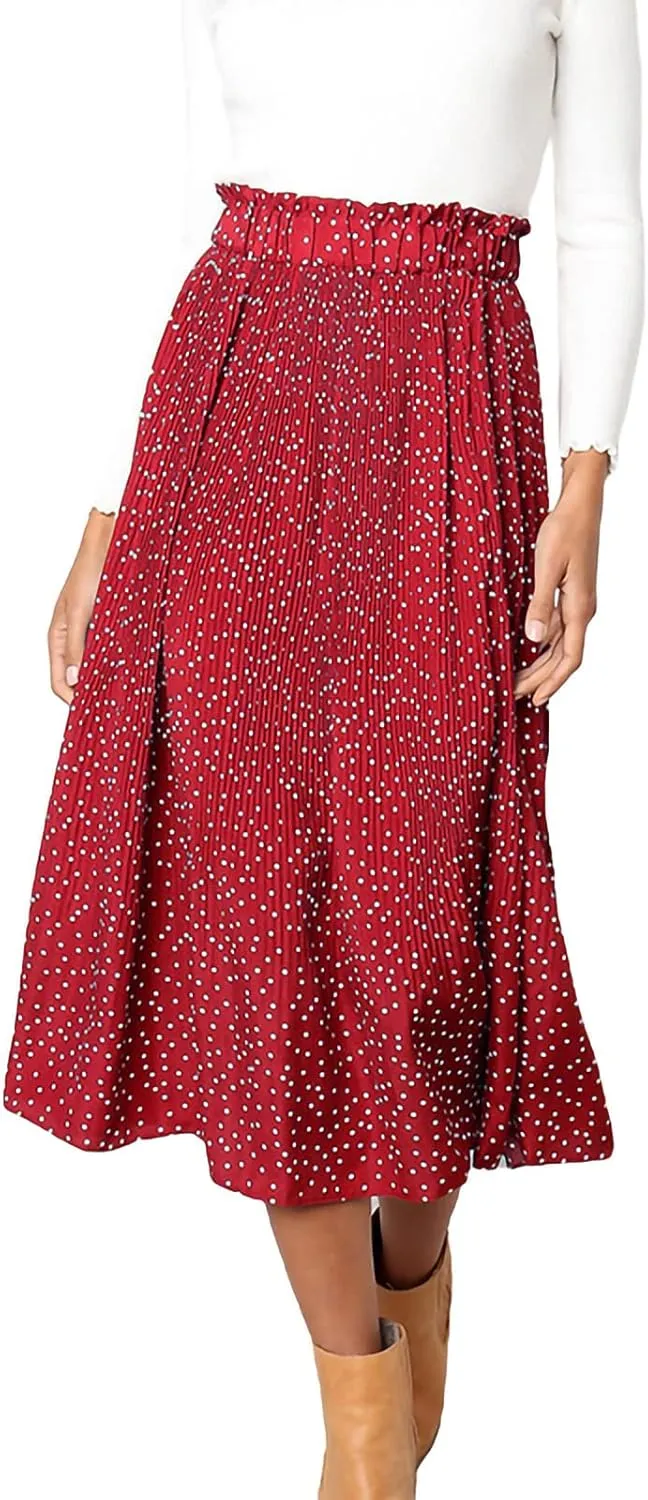 Women Fashionable Long Skirt Elastic Waist Flower and Dot Print Pleated Casual A-Line Skirt with Pocket Dress