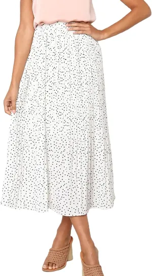 Women Fashionable Long Skirt Elastic Waist Flower and Dot Print Pleated Casual A-Line Skirt with Pocket Dress