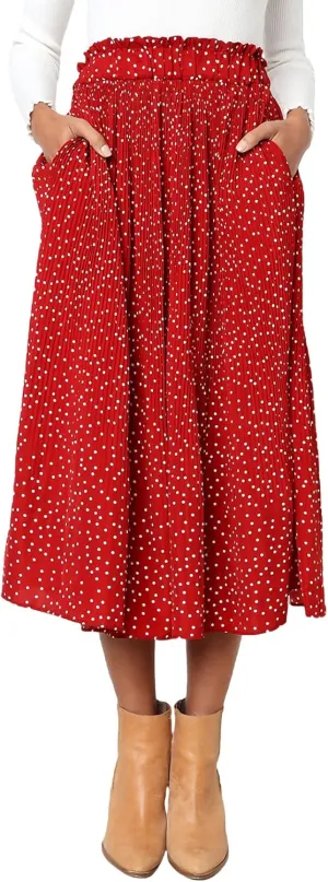 Women Fashionable Long Skirt Elastic Waist Flower and Dot Print Pleated Casual A-Line Skirt with Pocket Dress