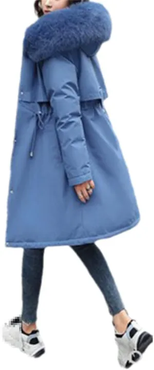 Women Large Size Parka Winter Cotton-Padded Coat Mid Length Fur Collar Plus Velvet Down Jacket