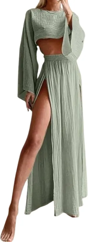 Women Linen Two Piece Sets Outfit Sexy Long Sleeve Crop Top High Waist Skirt Maxi Dress Going Out Beachwear