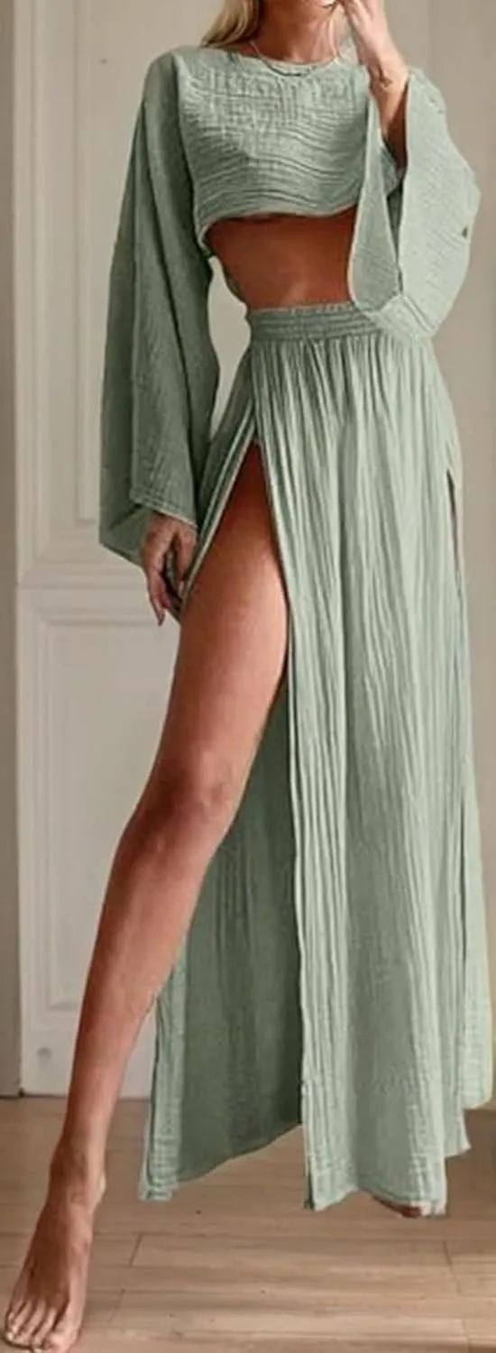 Women Linen Two Piece Sets Outfit Sexy Long Sleeve Crop Top High Waist Skirt Maxi Dress Going Out Beachwear