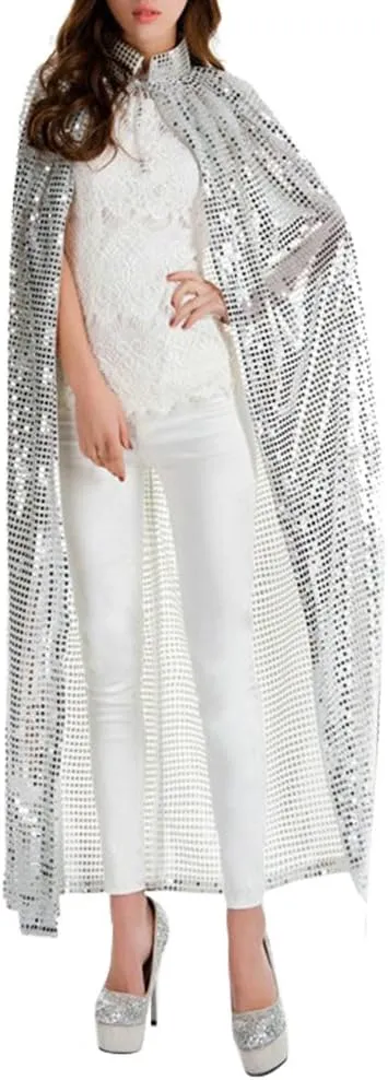 Women Shiny Sassy Sequins Costume Cloak Long Maxi Paillette Cosplay Cape Halloween Xmas Carnival Party Sequins Cloak