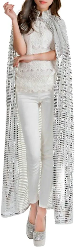 Women Shiny Sassy Sequins Costume Cloak Long Maxi Paillette Cosplay Cape Halloween Xmas Carnival Party Sequins Cloak