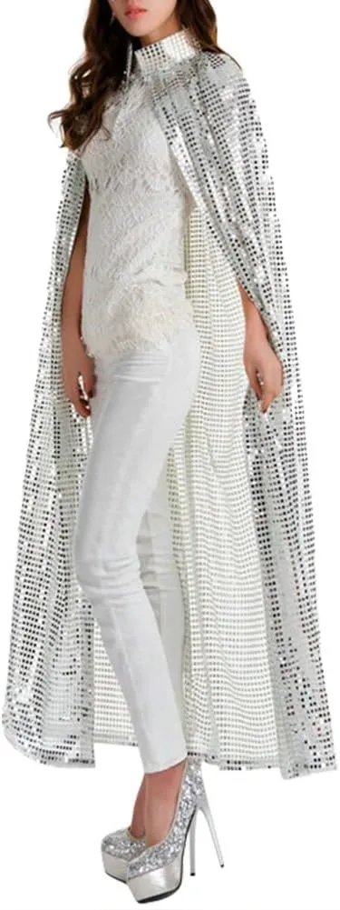 Women Shiny Sassy Sequins Costume Cloak Long Maxi Paillette Cosplay Cape Halloween Xmas Carnival Party Sequins Cloak