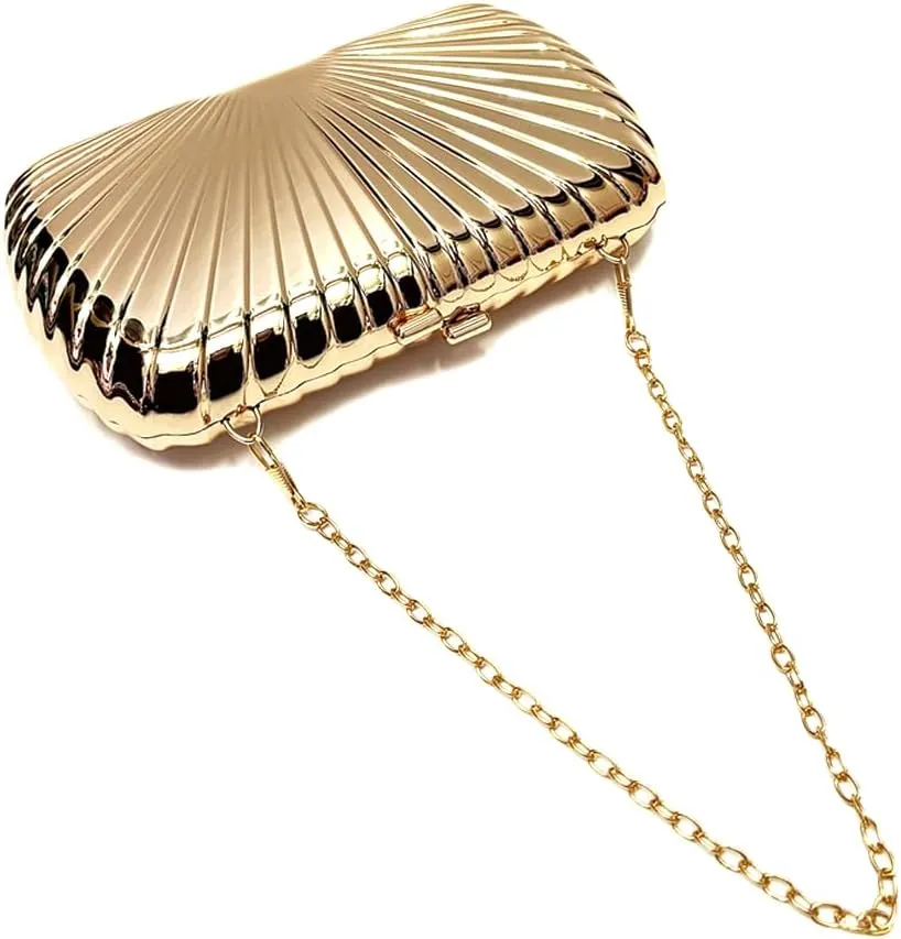 Women Sparkly Shell Metal Evening Bag Shiny Box Metallic Clutch Purse Chain Shoulder Bag for Party Prom Cocktail