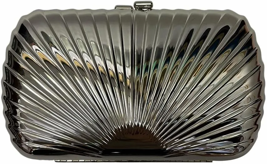 Women Sparkly Shell Metal Evening Bag Shiny Box Metallic Clutch Purse Chain Shoulder Bag for Party Prom Cocktail