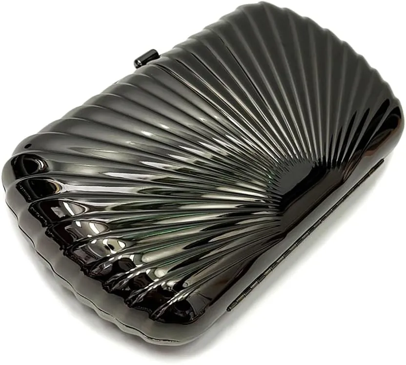 Women Sparkly Shell Metal Evening Bag Shiny Box Metallic Clutch Purse Chain Shoulder Bag for Party Prom Cocktail