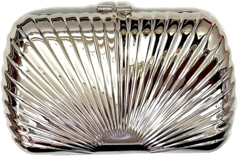 Women Sparkly Shell Metal Evening Bag Shiny Box Metallic Clutch Purse Chain Shoulder Bag for Party Prom Cocktail