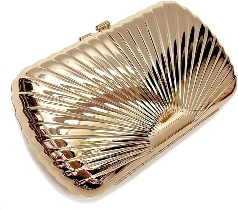 Women Sparkly Shell Metal Evening Bag Shiny Box Metallic Clutch Purse Chain Shoulder Bag for Party Prom Cocktail