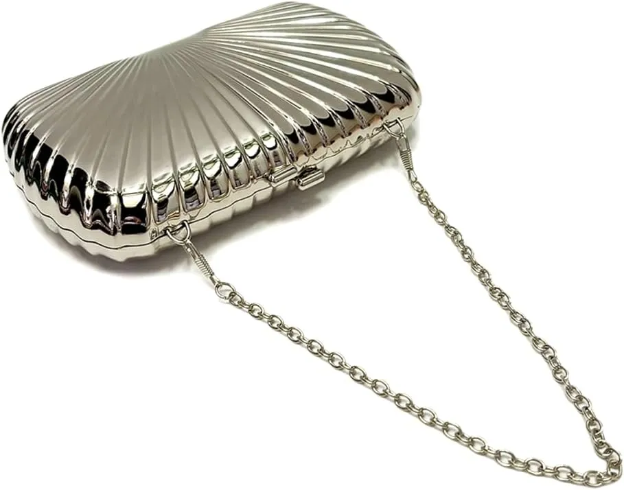 Women Sparkly Shell Metal Evening Bag Shiny Box Metallic Clutch Purse Chain Shoulder Bag for Party Prom Cocktail