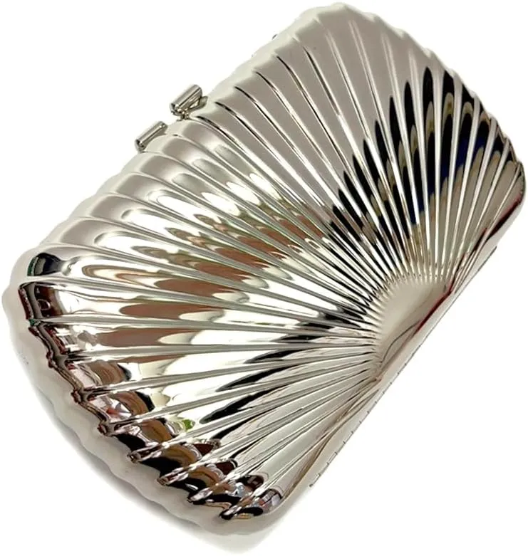 Women Sparkly Shell Metal Evening Bag Shiny Box Metallic Clutch Purse Chain Shoulder Bag for Party Prom Cocktail