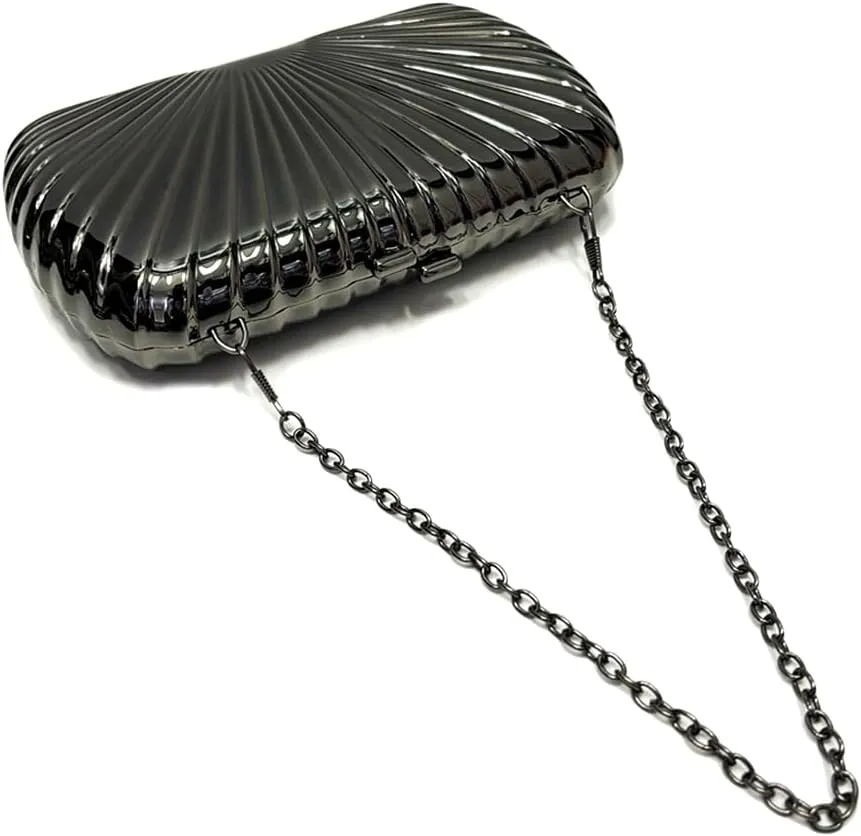 Women Sparkly Shell Metal Evening Bag Shiny Box Metallic Clutch Purse Chain Shoulder Bag for Party Prom Cocktail