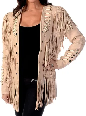 Women Traditional Genuine Leather Beads Fringe Western Cowgirl Jacket Brown Native American Coats For Women