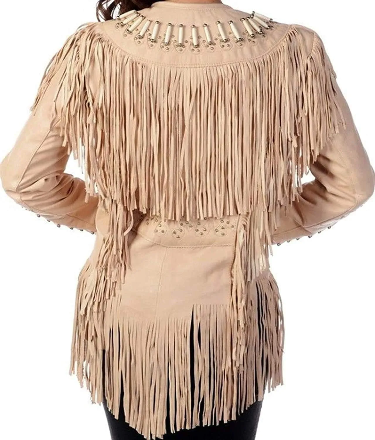 Women Traditional Genuine Leather Beads Fringe Western Cowgirl Jacket Brown Native American Coats For Women