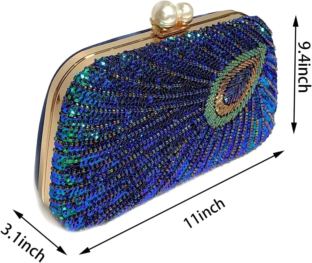 Women Vintage Beaded Sequin Clutch Purse Sparkly 1920s Peacock Evening Bag Luxury Wedding Bridal Purse