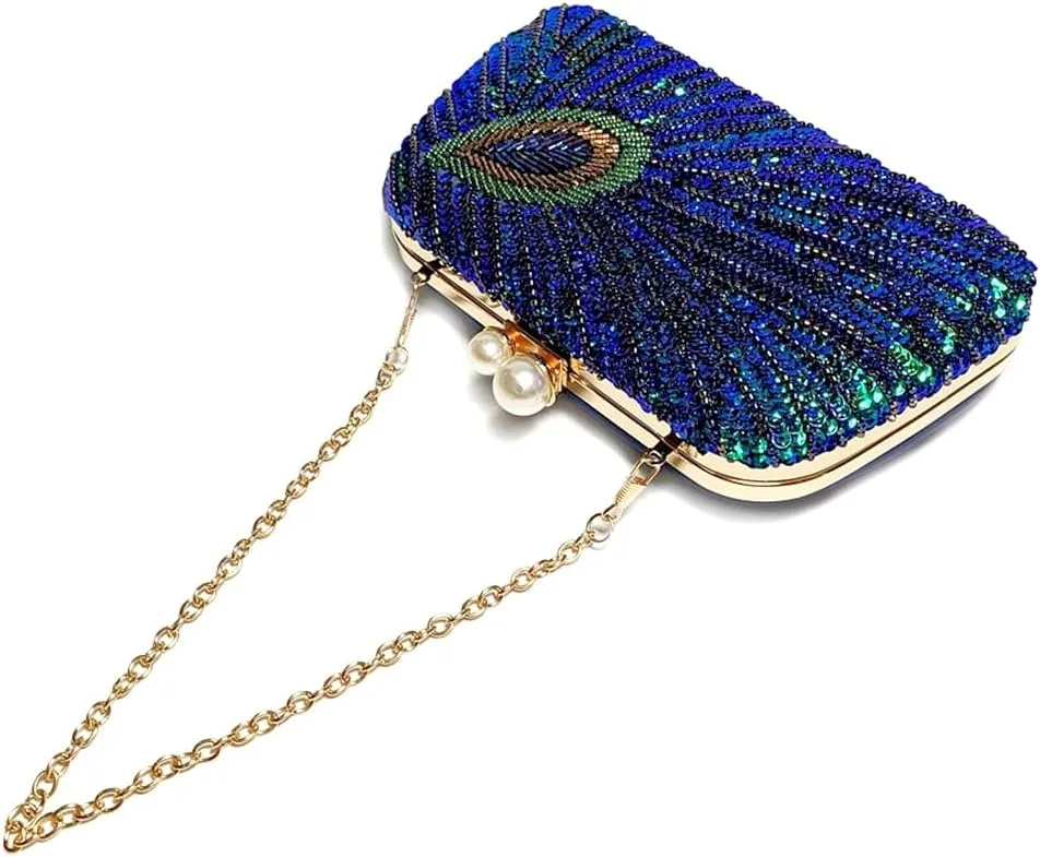 Women Vintage Beaded Sequin Clutch Purse Sparkly 1920s Peacock Evening Bag Luxury Wedding Bridal Purse