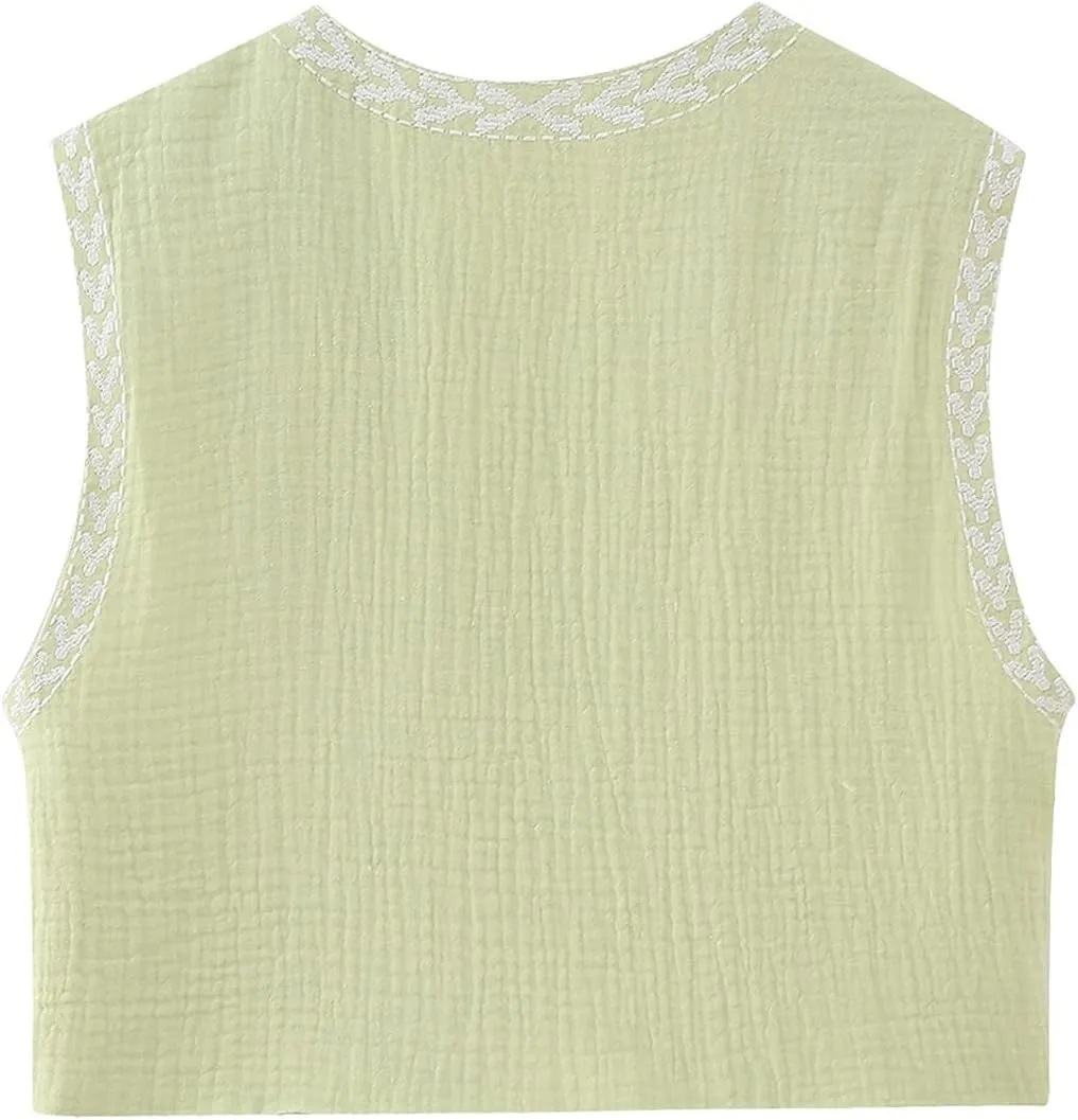 Women Y2k Floral Embroidered Crop Vest Sleeveless Open Front Flower Linen Short Vest Cardigans Tops Streetwear
