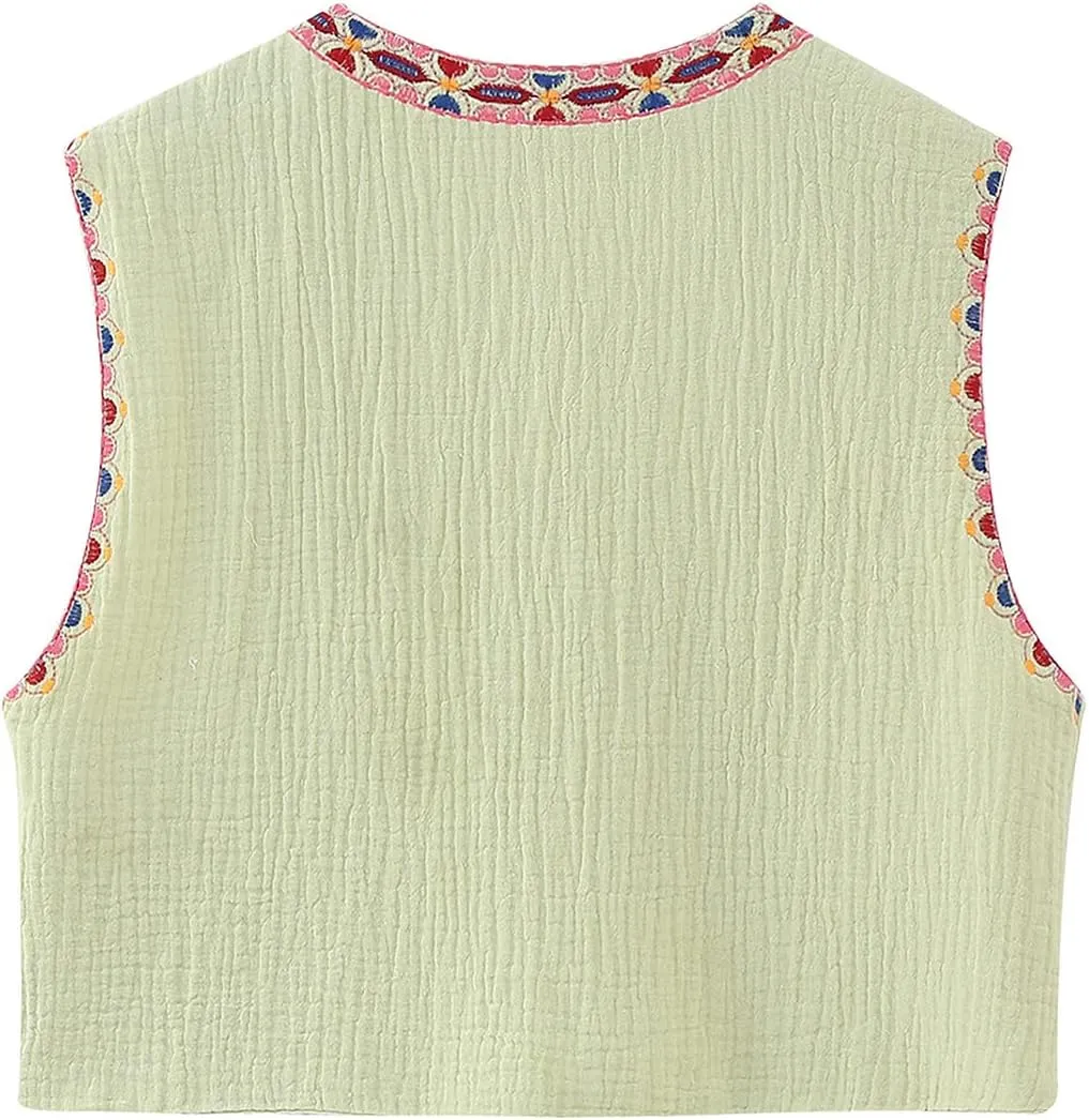 Women Y2k Floral Embroidered Crop Vest Sleeveless Open Front Flower Linen Short Vest Cardigans Tops Streetwear