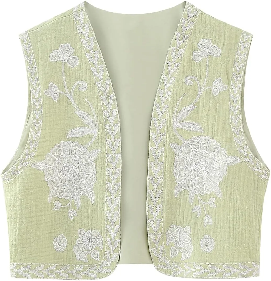 Women Y2k Floral Embroidered Crop Vest Sleeveless Open Front Flower Linen Short Vest Cardigans Tops Streetwear