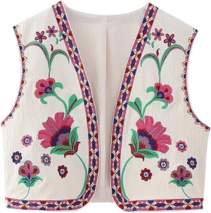 Women Y2k Floral Embroidered Crop Vest Sleeveless Open Front Flower Linen Short Vest Cardigans Tops Streetwear