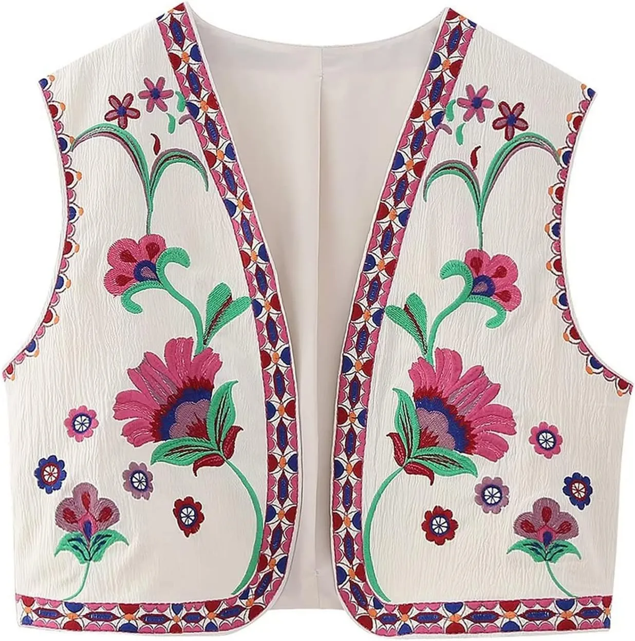 Women Y2k Floral Embroidered Crop Vest Sleeveless Open Front Flower Linen Short Vest Cardigans Tops Streetwear