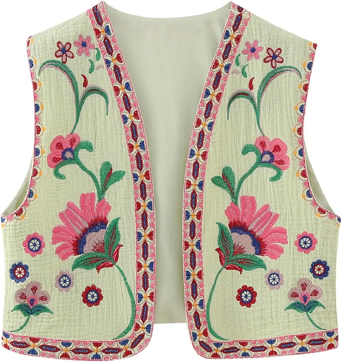 Women Y2k Floral Embroidered Crop Vest Sleeveless Open Front Flower Linen Short Vest Cardigans Tops Streetwear