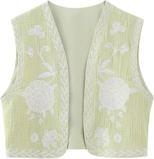 Women Y2k Floral Embroidered Crop Vest Sleeveless Open Front Flower Linen Short Vest Cardigans Tops Streetwear